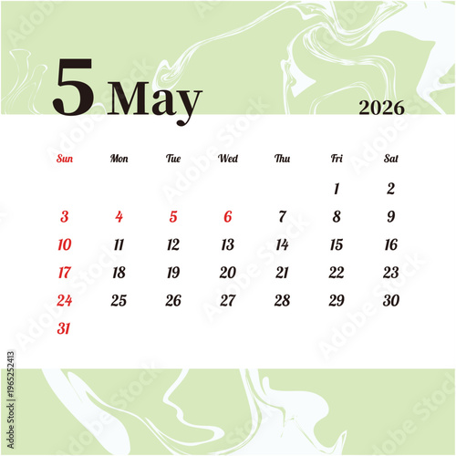 2026年5月の月間カレンダー 日曜始まり 日本の祝日 緑色の抽象的デザイン