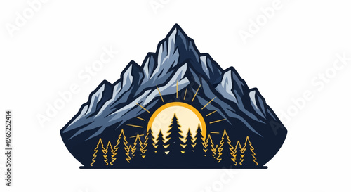 Majestic mountains at sunrise, silhouetted trees, golden sunrays, blue peaks