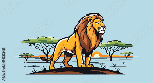 Majestic lion stands proudly on a sunlit savanna at sunset