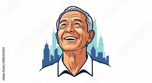 Cheerful senior man's portrait against a stylized city skyline