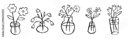 Collection of hand drawn flower bouquets in vases. Modern abstract minimalist art in brush, chalk, pencil, crayons style. Vector illustration of design elements in sketch style
