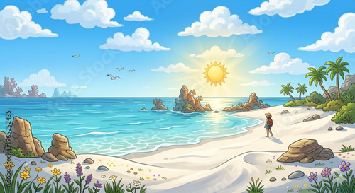 Beautiful tropical beach landscape with white sand, turquoise ocean, sun rays, and a traveler walking on the shore illustration

