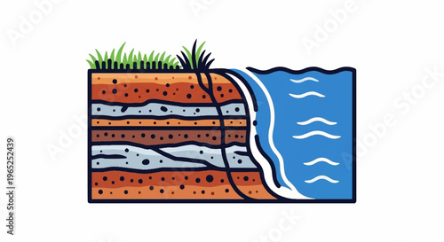 Cutaway view of soil layers and a body of water with grass on top