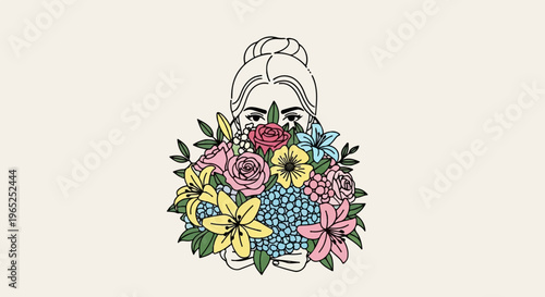 Line art of a woman's face peeking through a vibrant, colorful floral arrangement