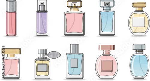 Assortment of colorful perfume bottles with sprayers and ornate caps