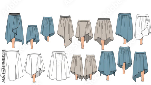 Vector CAD design style illustration of various skirts in different colors and patterns on mannequin legs