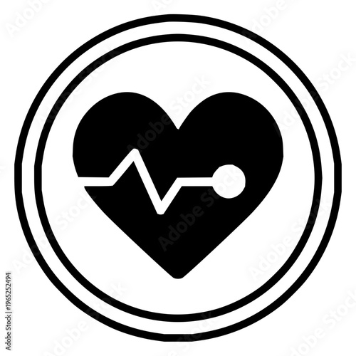 A black and white graphic icon representing a healthy heart with a heartbeat line within a double-ringed circle, symbolizing cardiac health and well-being