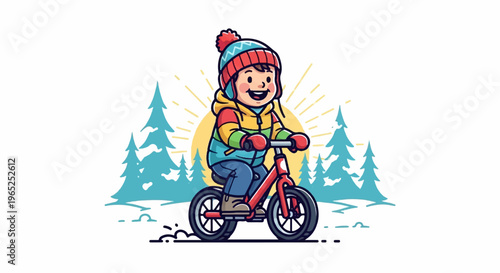 Happy child riding a bicycle in a winter forest landscape