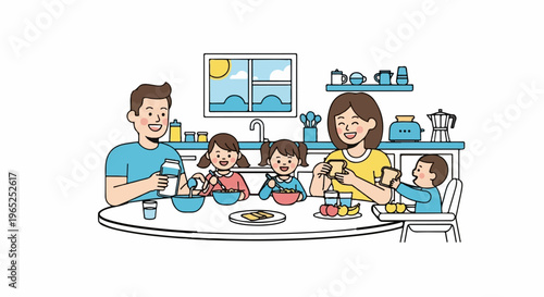 Family enjoys breakfast together at kitchen table