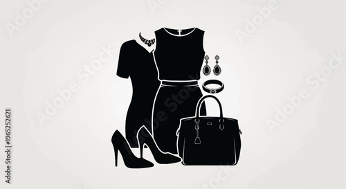 Silhouette of an elegant black outfit with accessories against a textured background