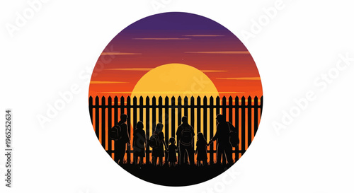 Family silhouettes against a sunset and fence