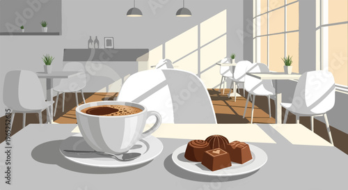 Coffee and chocolates served in a bright, modern cafe
