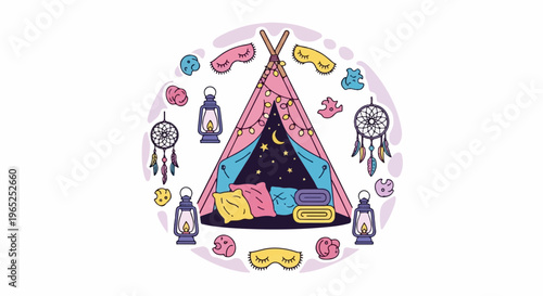 Cozy nighttime tent setup with dream catchers, lanterns, and sleep masks