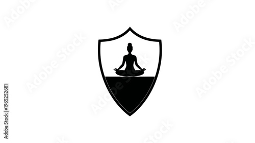 Black silhouette of a person meditating inside a shield shape. The lower part is filled in