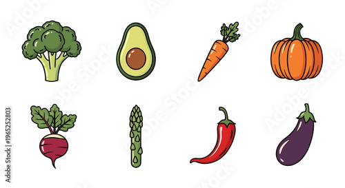 Collection of colorful cartoon vegetables and fruits on a white background