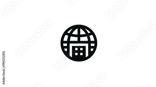 A minimalistic icon with a globe and a simplified building, all in solid black on a white background