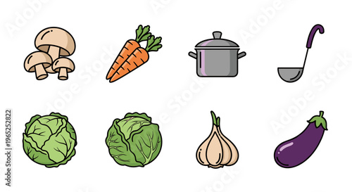 Collection of fresh vegetables and cooking utensils on a white background
