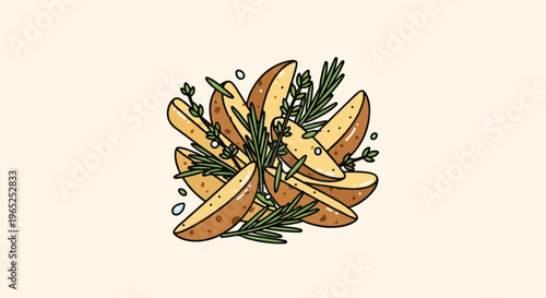 Hand-drawn illustration of baked potato wedges with herbs and water droplets