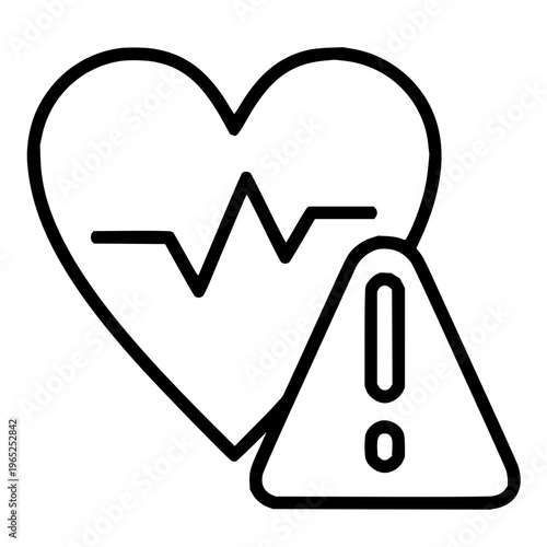 Minimalist line art icon of a heart with an ECG pulse and warning triangle, signifying critical cardiac health alert, potential cardiovascular risk, or urgent medical concern