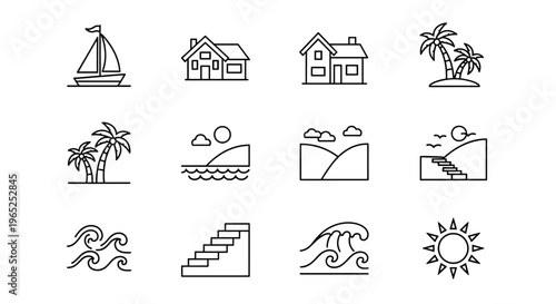 Collection of simple line art icons representing coastal and vacation themes