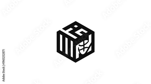 Black and white cube-shaped emblem with abstract elements and a stylized ball design