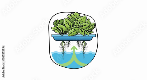 Hydroponic system illustration showing plants growing with roots in nutrient-rich water