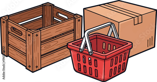 Isometric wooden crate, red shopping basket, and cardboard box