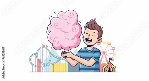 Joyful child enjoys a large pink cotton candy at a vibrant amusement park