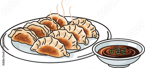 Delicious steaming dumplings and dipping sauce on a white plate