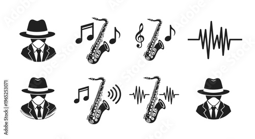 Jazz musician icons with musical notes and sound waves