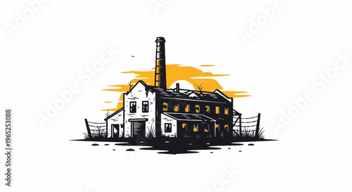 Dilapidated factory with smoking chimney against a sunset