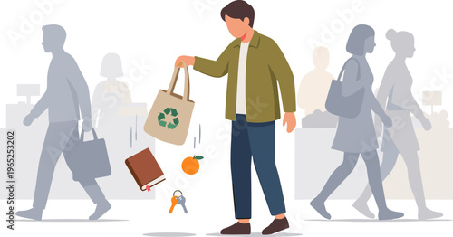 Man dropping trash and recyclables on street among pedestrians