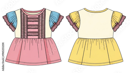 Vector illustration of two colorful dresses in CAD design style