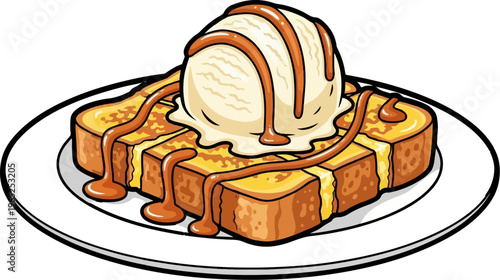 Delicious toast topped with ice cream and caramel sauce