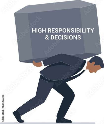 A man struggles under the weight of a large box labeled high responsibility and decisions.