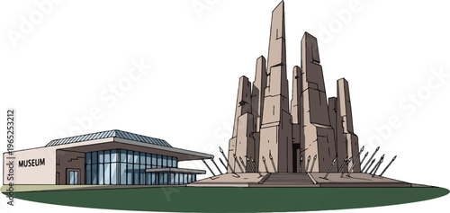 Modern museum building juxtaposed with a sharp, angular monument