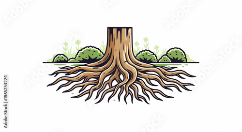 Exposed tree roots with stub, bushes and grass in background