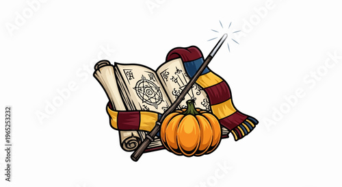 Enchanted book, wand, scarf, and pumpkin with magical glow