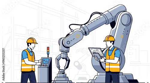 Factory workers oversee a robotic arm and control panel in a modern industrial setting