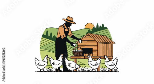 Farmer gathering eggs from chickens near a coop at sunrise on a farm