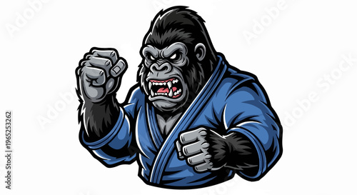 Fierce gorilla in blue martial arts uniform, snarling with fists raised