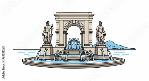 Ornate classical fountain with statues and cascading water, set against a blue landscape