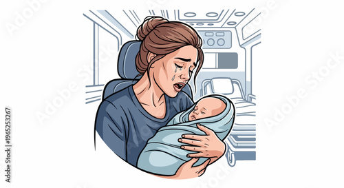 Distraught mother cradles sleeping baby inside a vehicle, tears falling