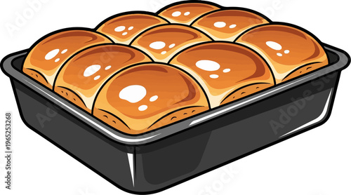 Freshly baked golden brown rolls in a dark grey baking pan