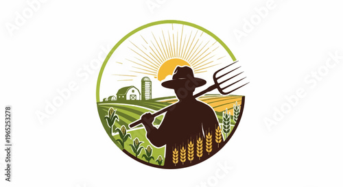 Farmer with pitchfork in a field at sunrise, with farm buildings