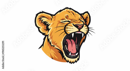 Fierce lion cub roaring with eyes closed and mouth open
