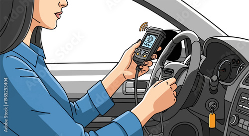 Person in car uses diagnostic tool connected to steering column