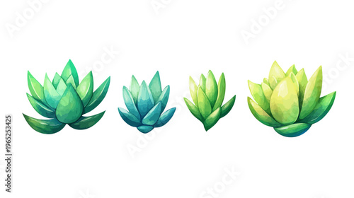 Digitally painted set of four colorful succulent plants in varying shades of green and blue
