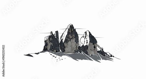 Dramatic rocky peaks rise from a snow-covered base under a pale sky