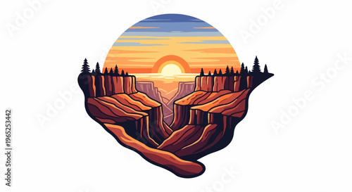 Pixelated canyon landscape with sunset framed by cliff edges and trees
